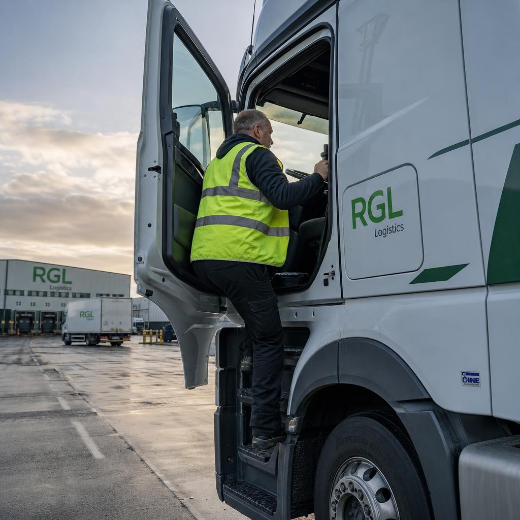 An HGV driver climbing into a lorry cab at a distribution yard